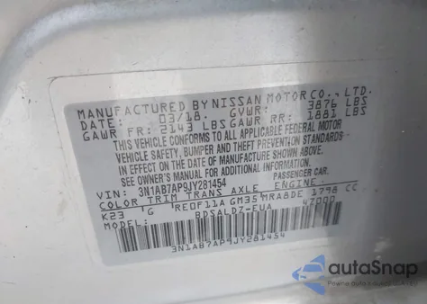2018 Nissan Sentra Sv from USA, damaged, VIN 3N1AB7AP9JY281454